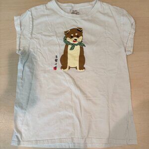 Japanese Graphic White Short Sleeve T-Shirt Top w/ Shiba Inu Dog Size Small